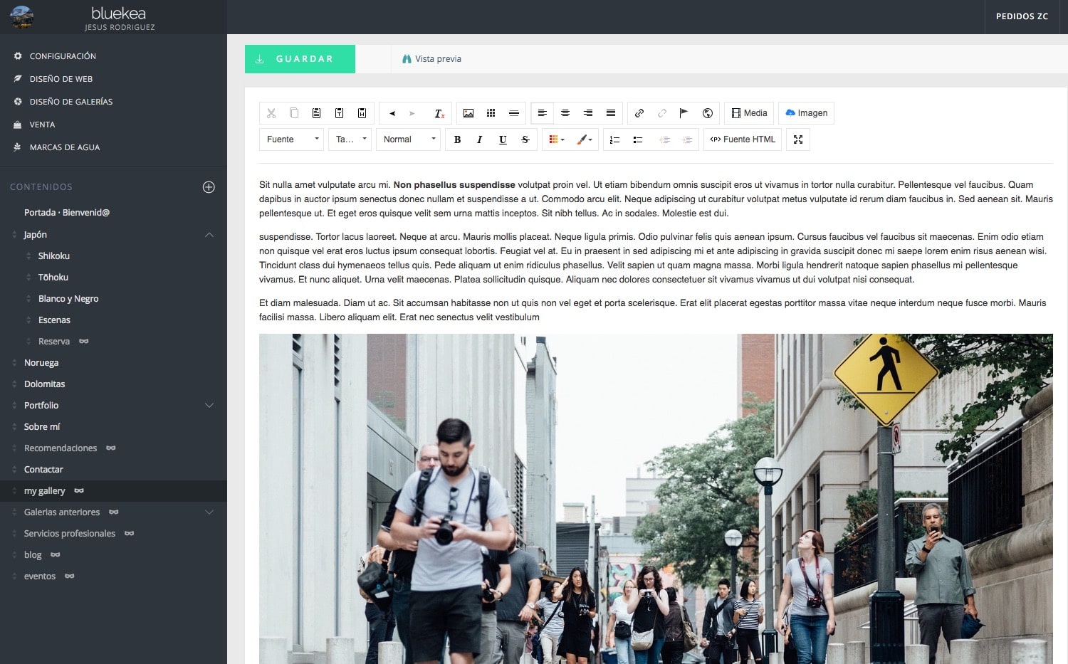 La importancia del texto en una web de fotografía. Introducir el texto en una web de Bluekea