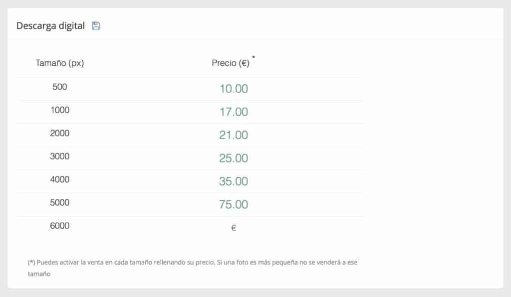 Lista de precios y tamaños para descarga digital