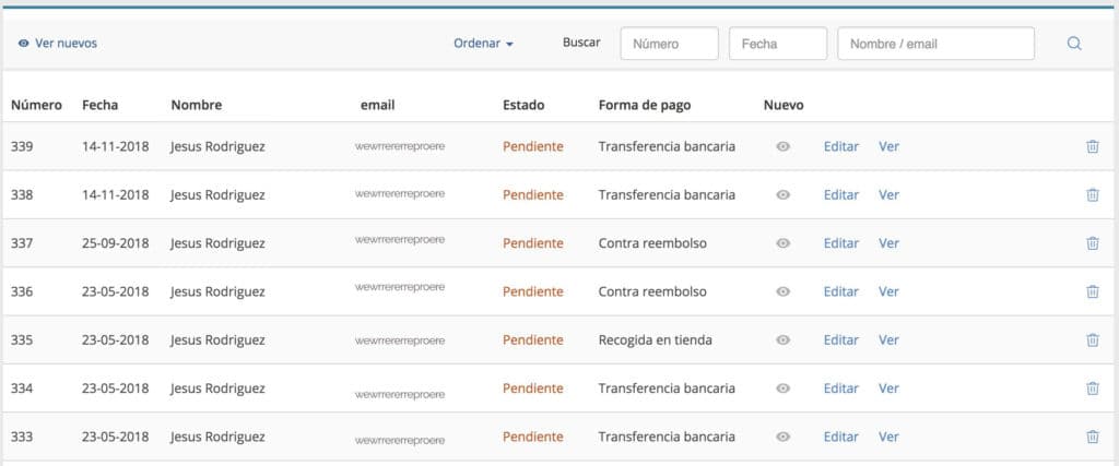 Listado de ventas en el tu panel de control de Bluekea