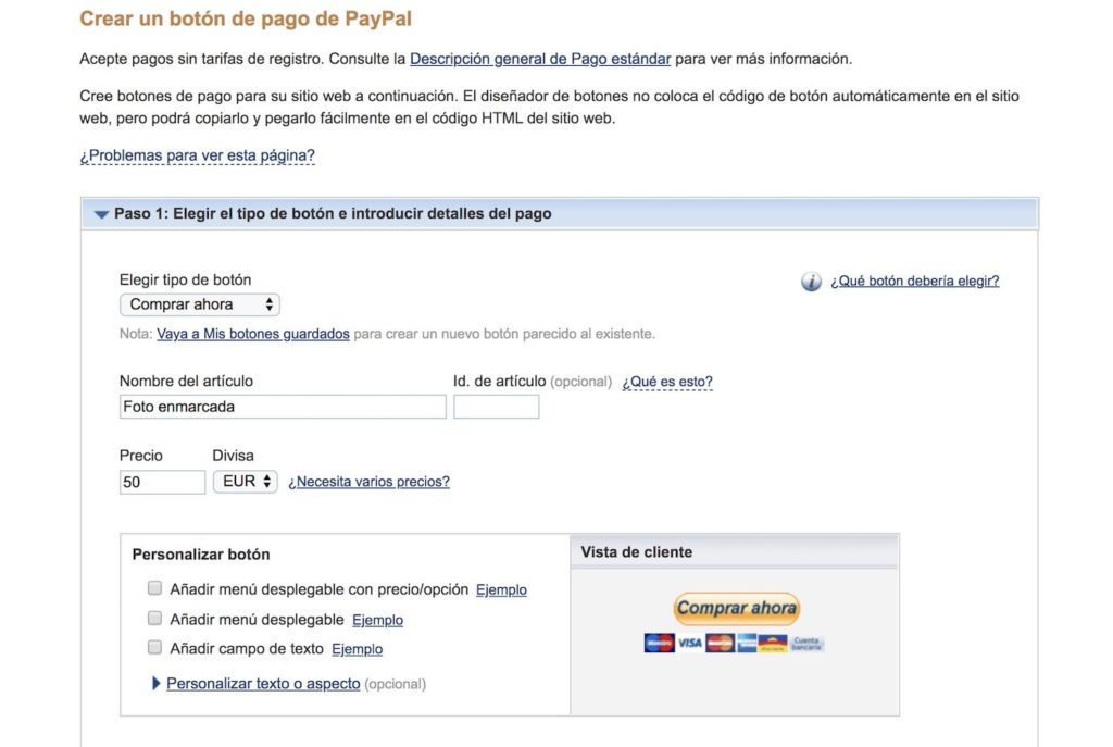 Creando un botón de pago de paypal para insertar en web