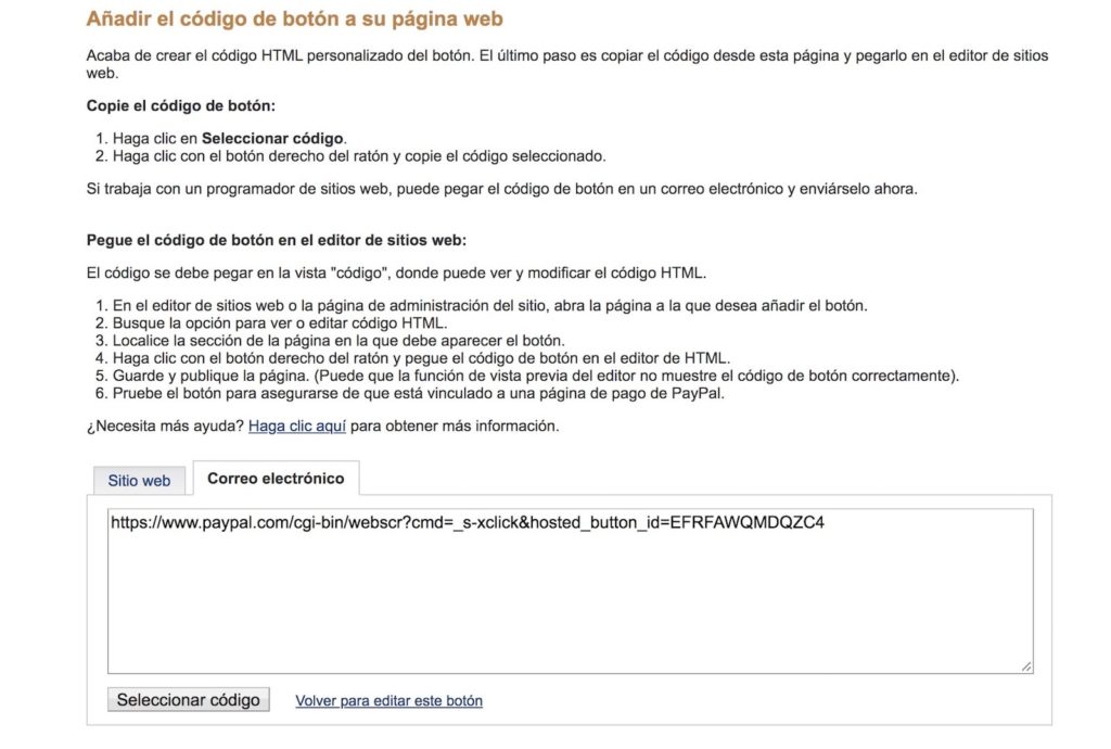 Copiando el código de pago de un enlace de PayPal