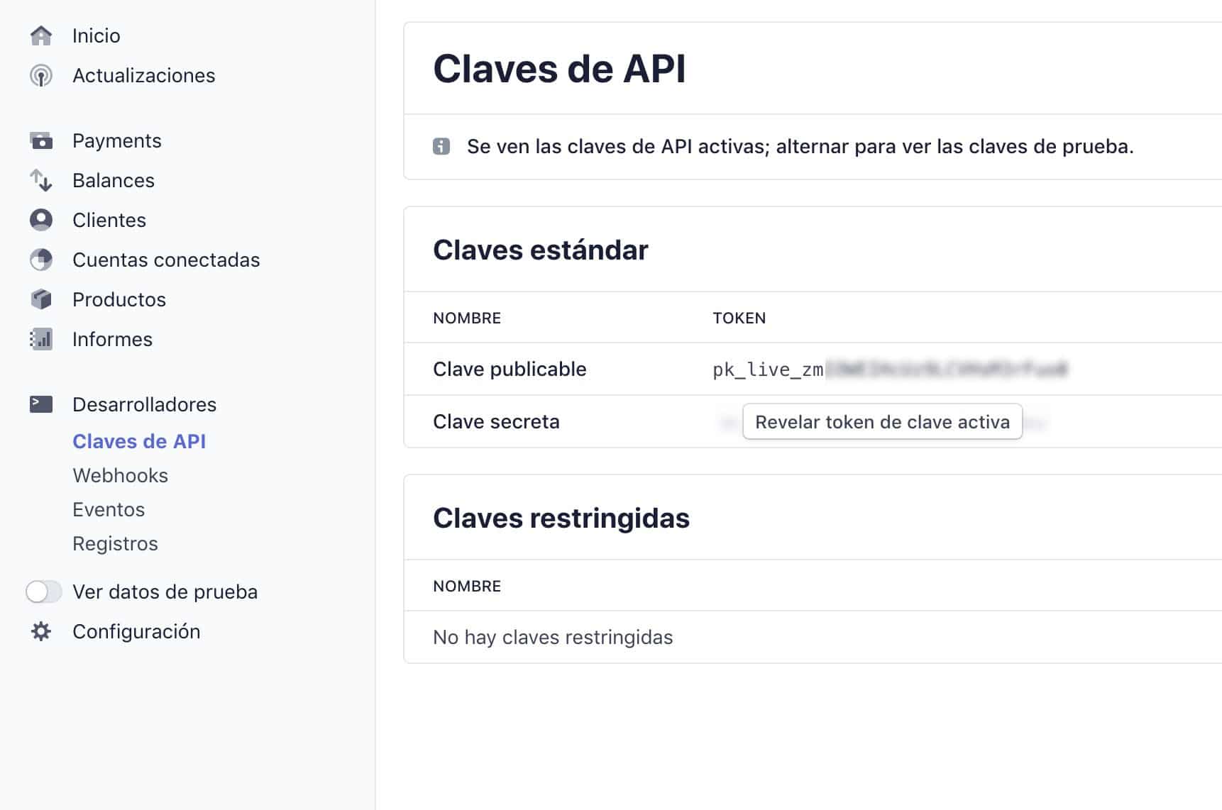 Panel de control de Stripe, apartado Claves de API