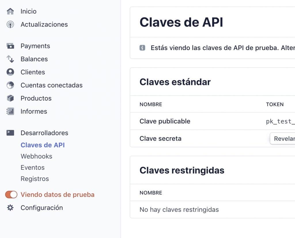 Claves de API en el modo de prueba de Stripe